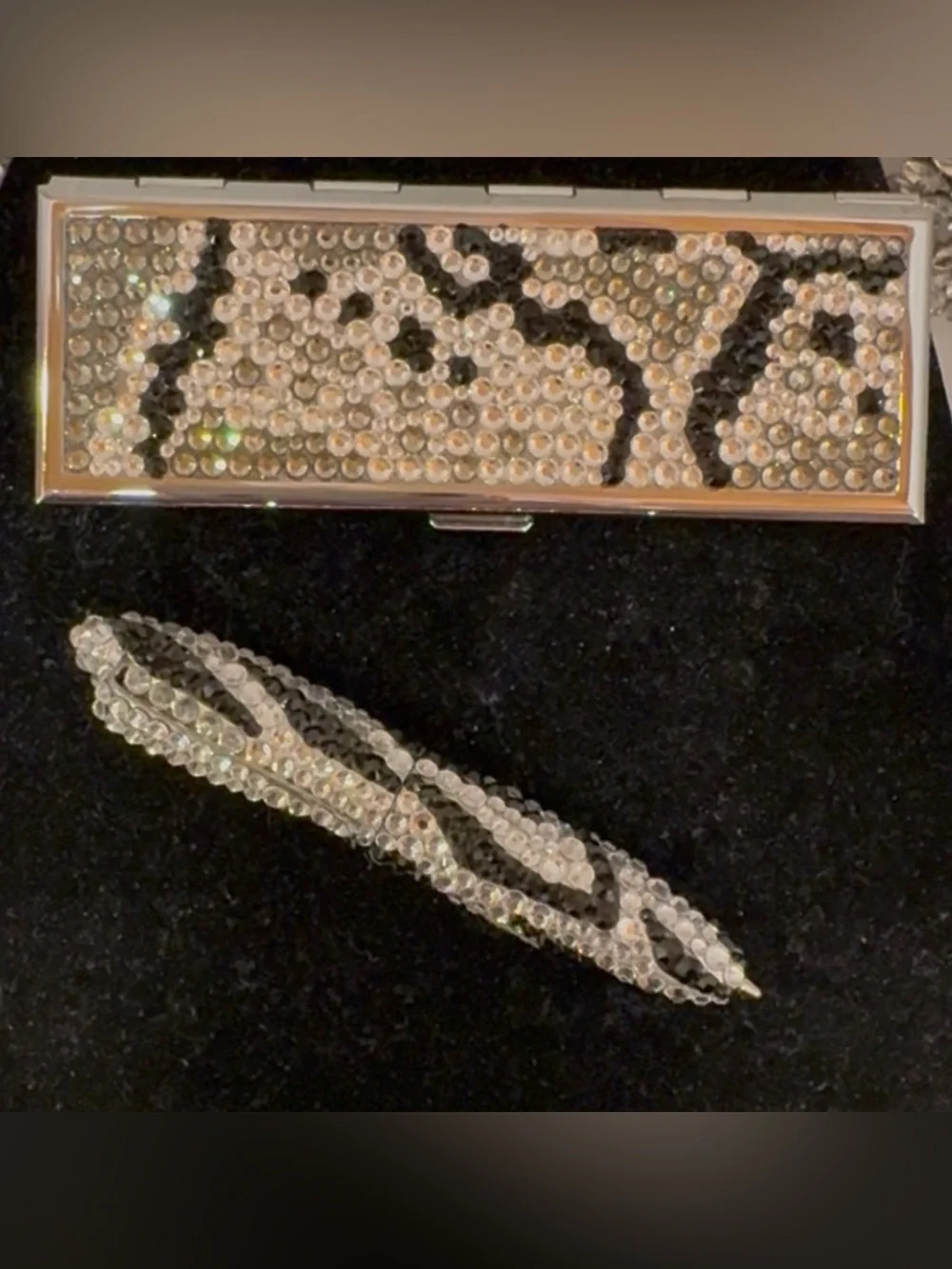 Crystal-Embellished Python Pen and Mirror Case - Black & Silver